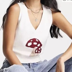 Hollister White Sweater Vest with Red Mushroom Design